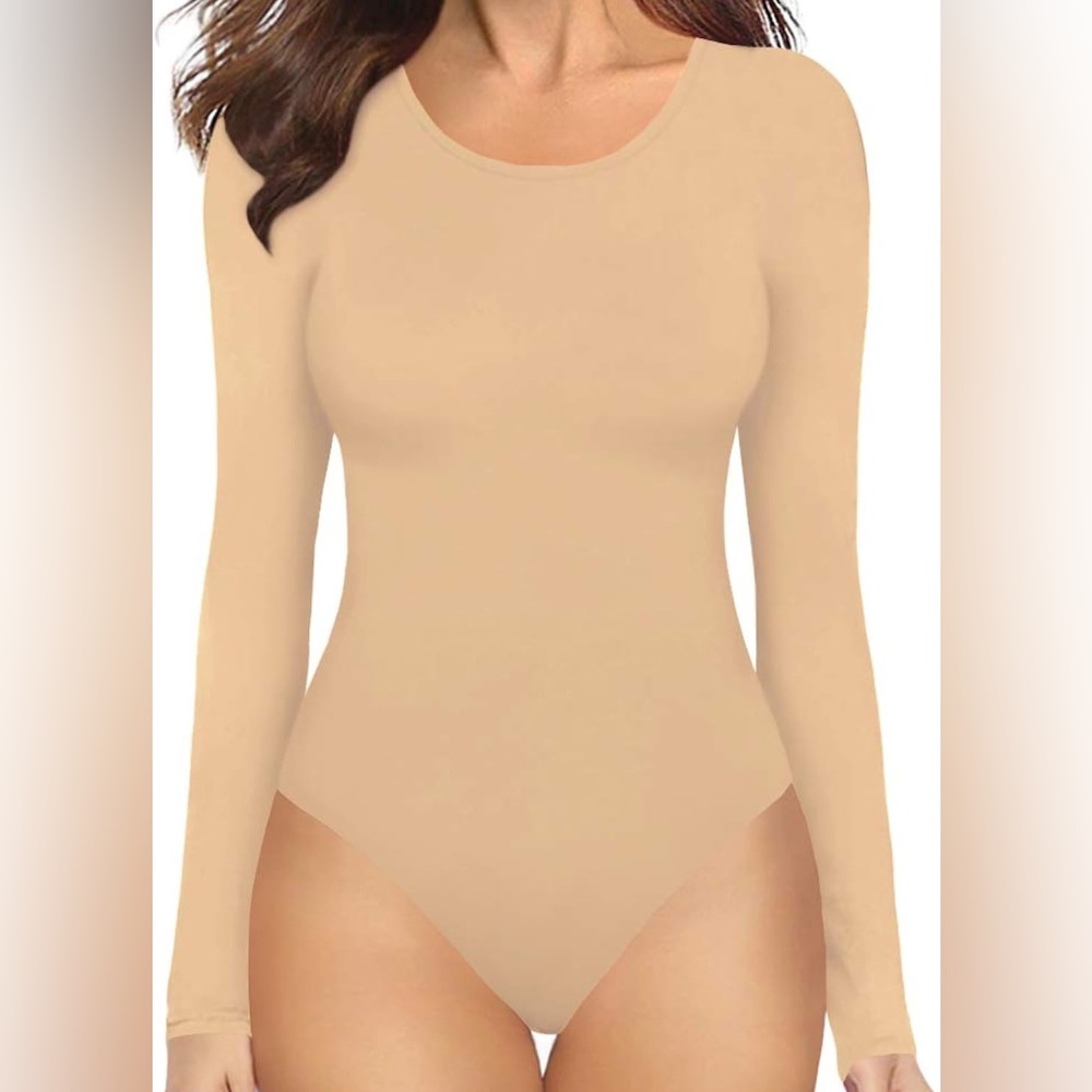 Women's Round Collar Clothing Long Sleeve Tops T Shirt Bodysuit; Nude, XL